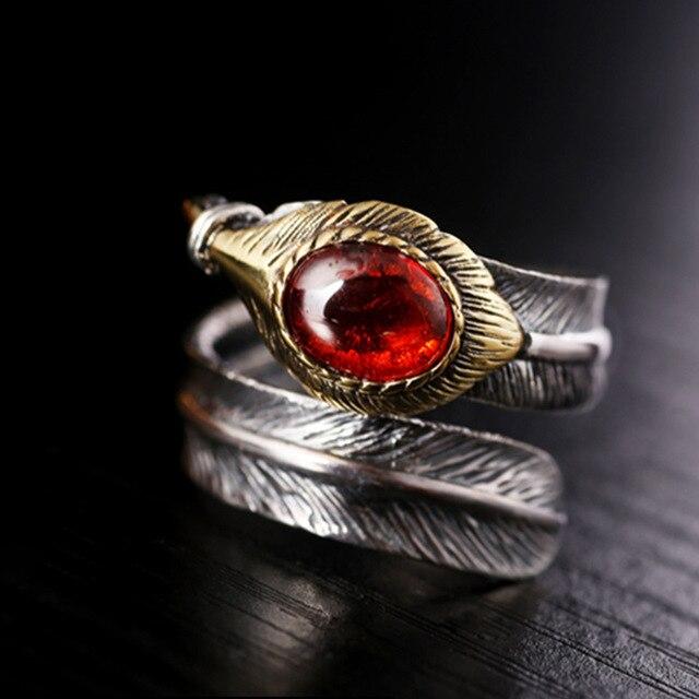 Red Cubic Zirconia Feather 925 Sterling Silver Handmade Vintage Ring-Rings-Innovato Design-Innovato Design