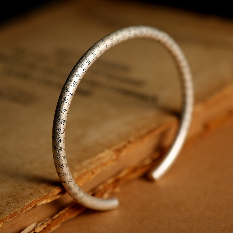 Tibetan Buddhism Scribbles 925 Sterling Silver Retro Fashion Open Cuff Bracelet-Bracelets-Innovato Design-Innovato Design