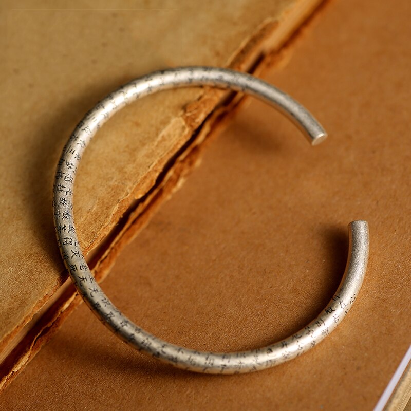 Tibetan Buddhism Scribbles 925 Sterling Silver Retro Fashion Open Cuff Bracelet-Bracelets-Innovato Design-Innovato Design