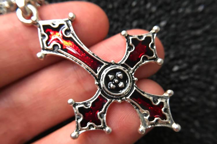 Inverted Silver Gothic Cross Pendant with Blood Red Inlay-Necklaces-Innovato Design-Innovato Design