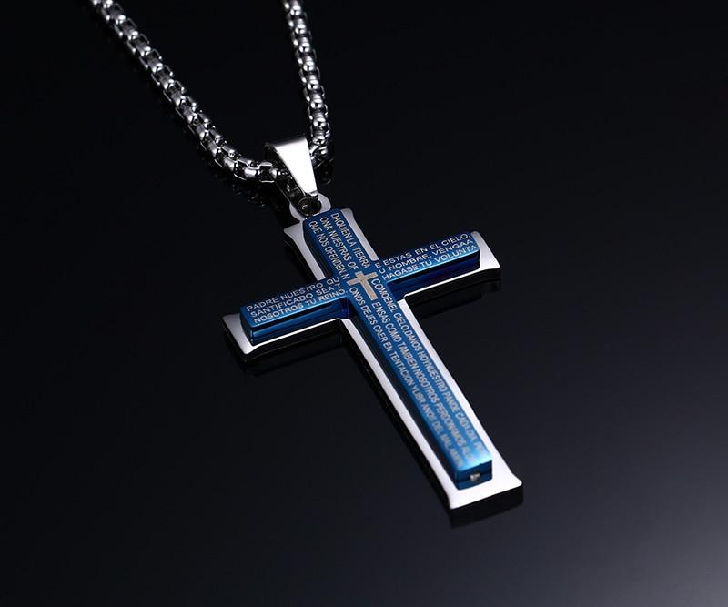 Lord's Prayer Stainless Steel Blue Plated Cross Pendant Necklace-Necklaces-Innovato Design-20inch-Innovato Design