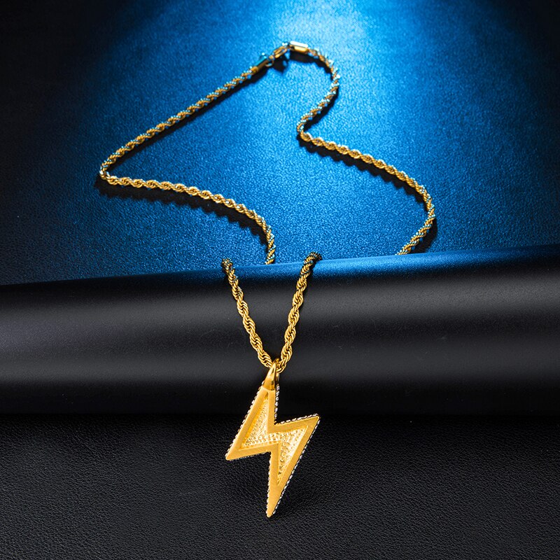 Paved Rhinestone-Studded Lightning Bling Stainless Steel Hip-hop Pendant Necklace-Necklaces-Innovato Design-Innovato Design