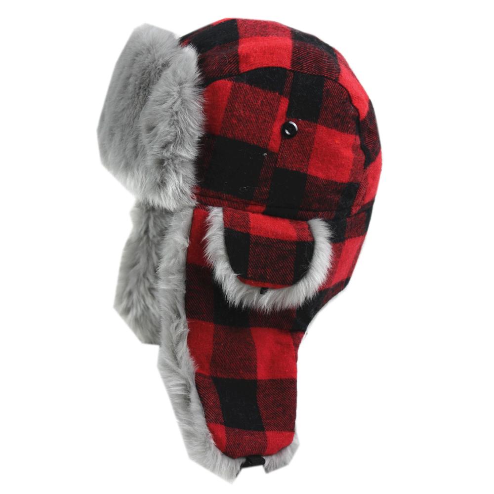 Warm Thick Red Plaid Trapper Cashmere Fur Bomber Hat with Earflaps-Hats-Innovato Design-Innovato Design
