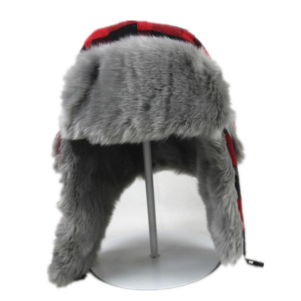 Warm Thick Red Plaid Trapper Cashmere Fur Bomber Hat with Earflaps-Hats-Innovato Design-Innovato Design