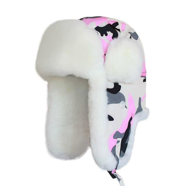 Camouflage Women's Winter Bomber Hat with Earflaps-Hats-Innovato Design-Pink-M-Innovato Design