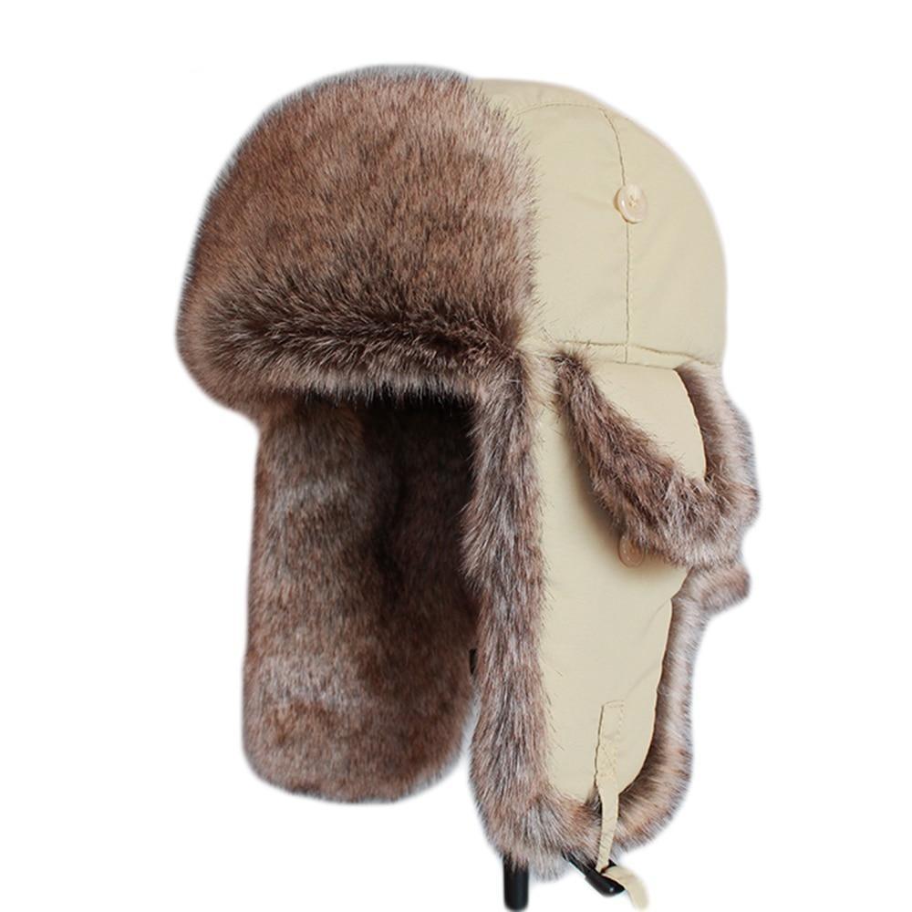 Thick Beige Winter Fur Bomber Hat with Earflaps-Hats-Innovato Design-Beige-M-Innovato Design