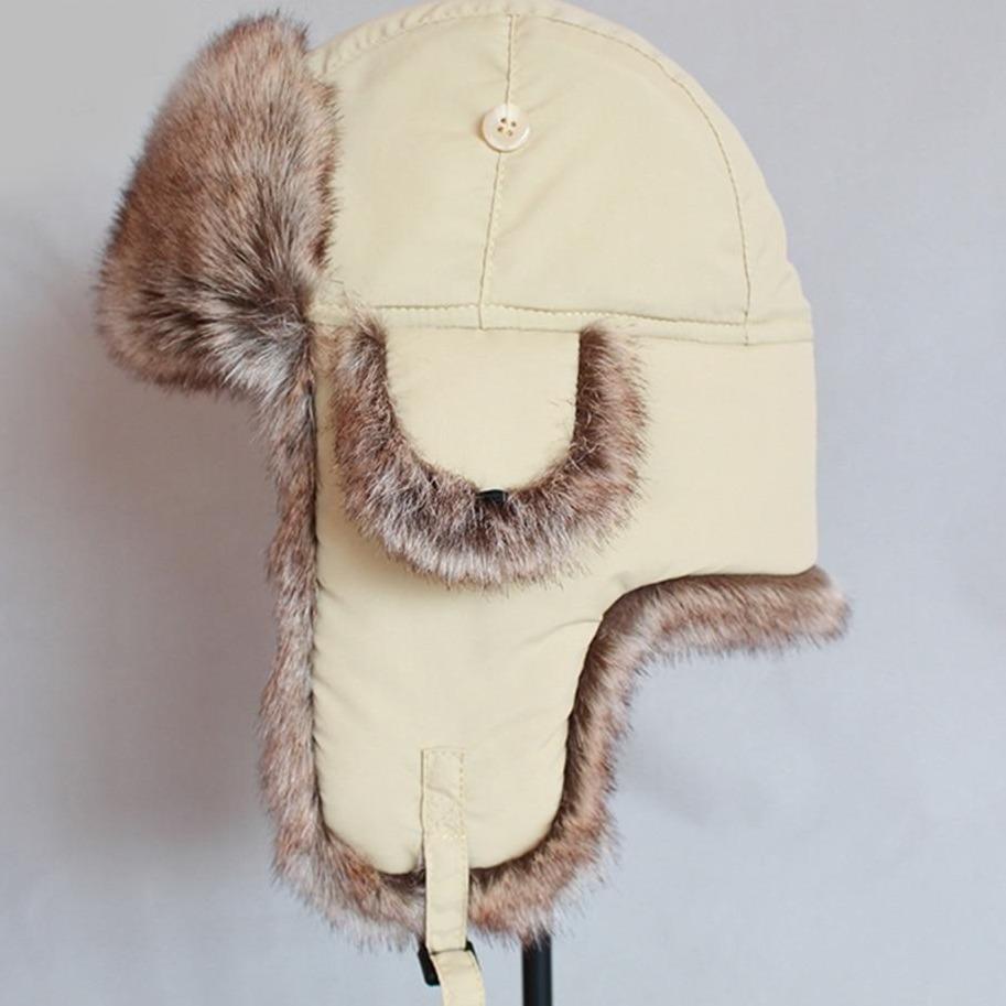 Thick Beige Winter Fur Bomber Hat with Earflaps-Hats-Innovato Design-Beige-M-Innovato Design