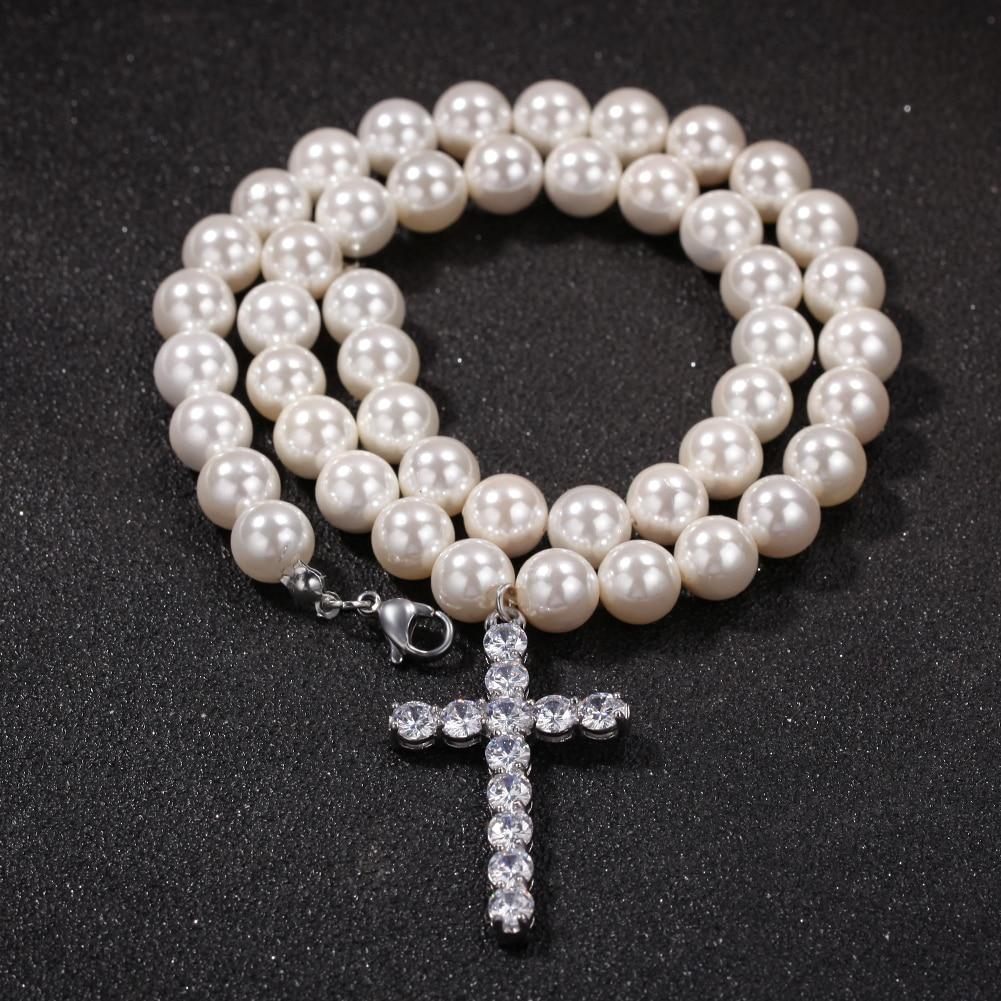 Pearl Necklace with Cubic Zirconia Cross Pendant Necklace-Necklaces-Innovato Design-16inch-Innovato Design