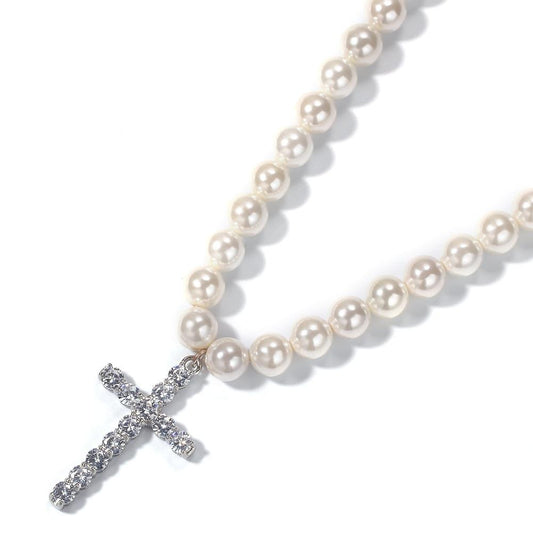 Pearl Necklace with Cubic Zirconia Cross Pendant Necklace-Necklaces-Innovato Design-16inch-Innovato Design