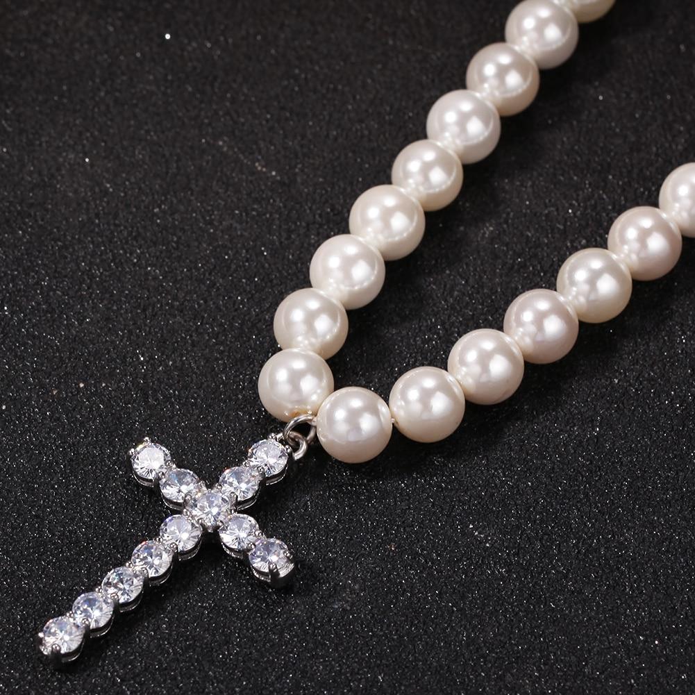 Pearl Necklace with Cubic Zirconia Cross Pendant Necklace-Necklaces-Innovato Design-16inch-Innovato Design