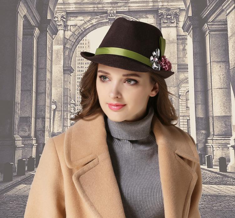 Flannel Trilby with Pink Flower and Big Rhinestones on Green Hatband-Hats-Innovato Design-Black-Innovato Design