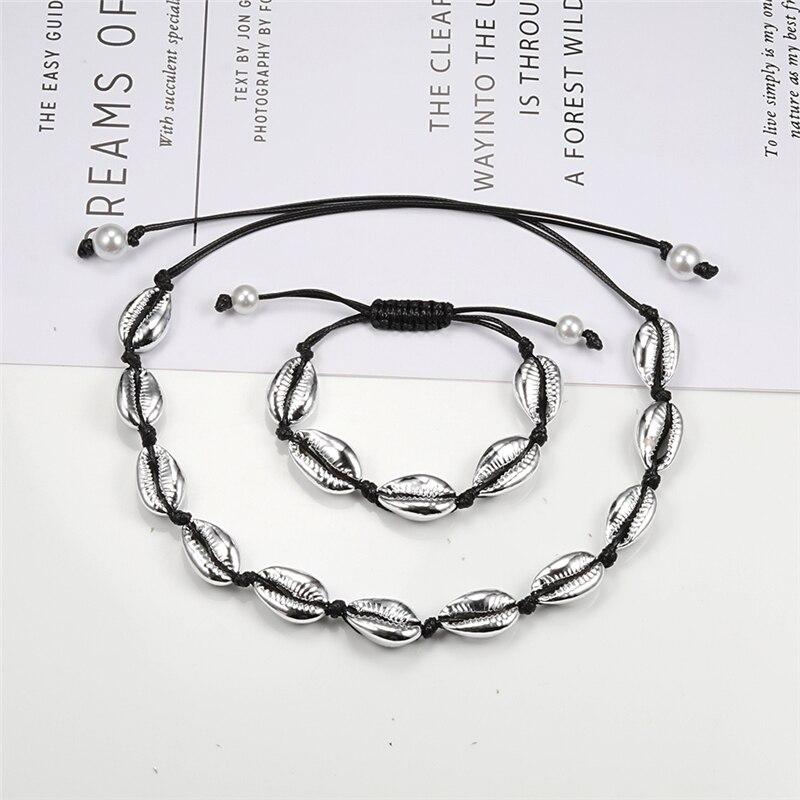 Rope Puka Shell Bracelet and Choker Set with Pearl End-Necklaces-Innovato Design-Silver White-Innovato Design