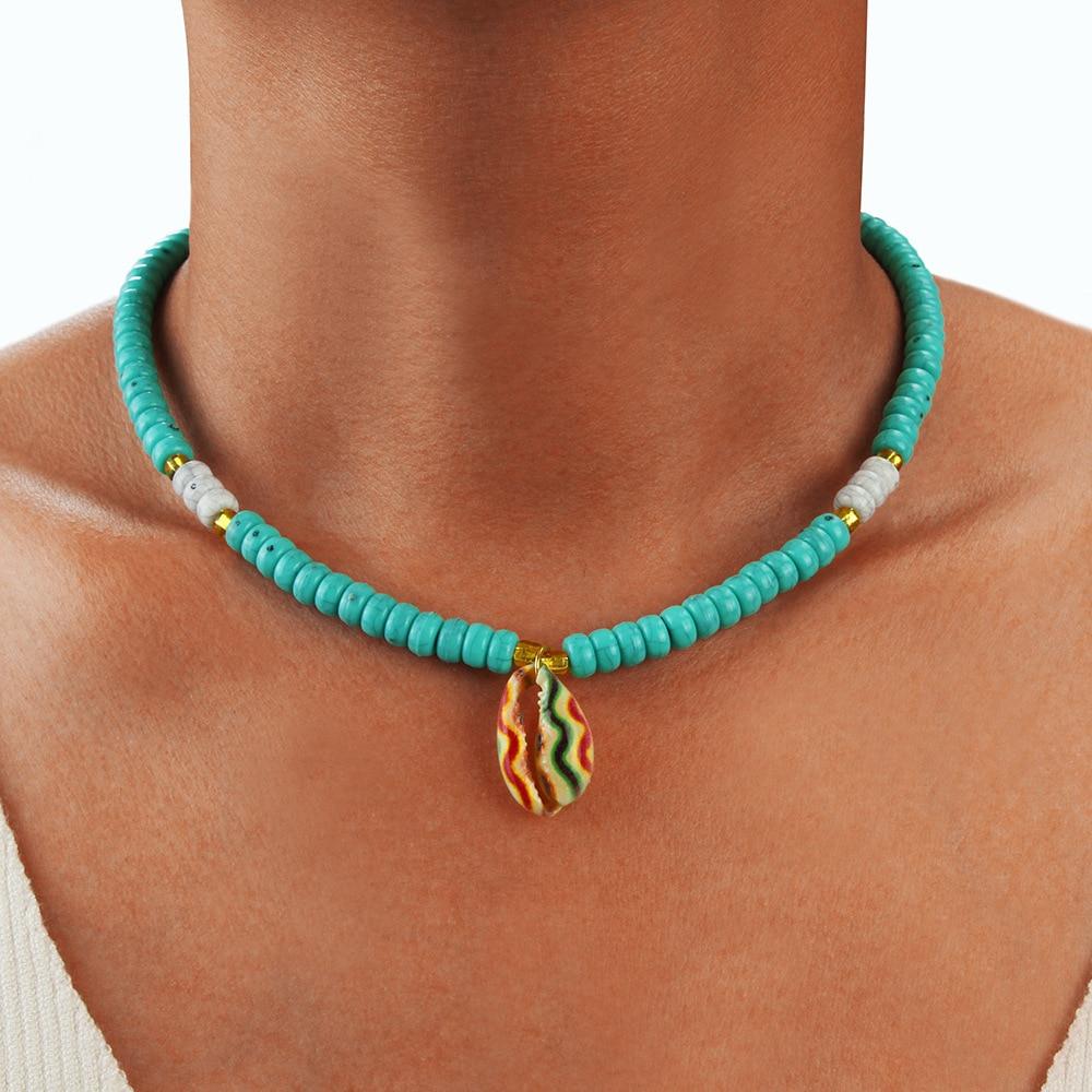 White and Blue Bead Choker with Painted Puka Shell Pendant-Necklaces-Innovato Design-Innovato Design