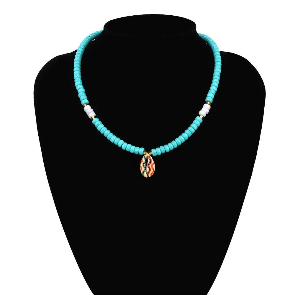 White and Blue Bead Choker with Painted Puka Shell Pendant-Necklaces-Innovato Design-Innovato Design