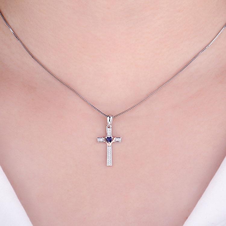 Blue Sapphire Heart Crystal on Silver Cross Pendant and Chain Necklace 925 Sterling Silver-Necklaces-Innovato Design-Innovato Design