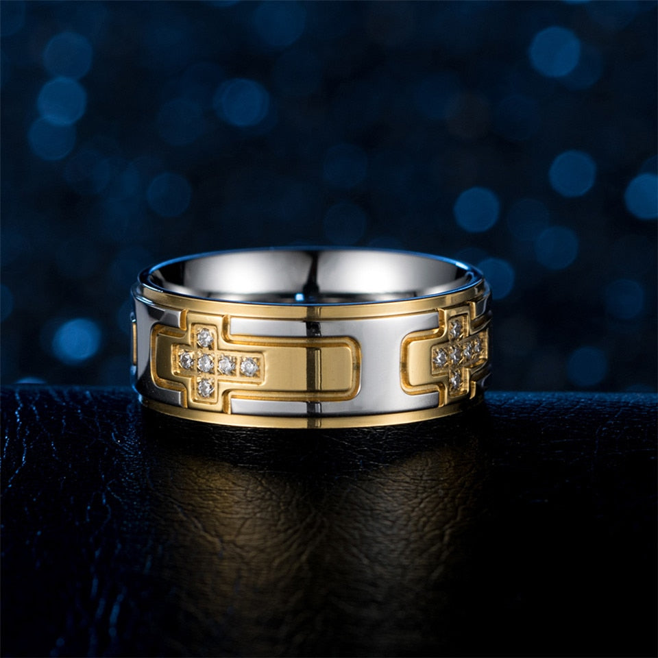 Two-Tone Cross Crystal Zirconia Titanium Punk Ring-Rings-Innovato Design-Gold-7-Innovato Design