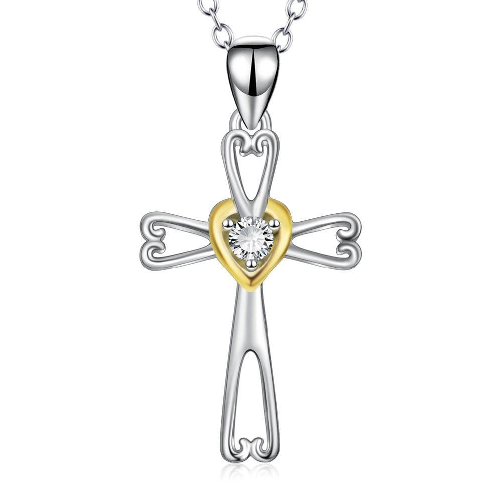 Two-Tone 925 Sterling Silver Cross Pendant with Gold Crystal Heart-Necklaces-Innovato Design-Innovato Design
