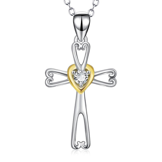 Two-Tone 925 Sterling Silver Cross Pendant with Gold Crystal Heart-Necklaces-Innovato Design-Innovato Design