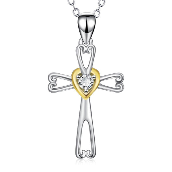 Two-Tone 925 Sterling Silver Cross Pendant with Gold Crystal Heart - InnovatoDesign