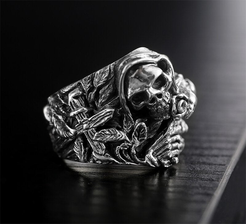 Gothic Skull, Flower, Cross and Howling Eagle 925 Sterling Silver Vintage Punk Rock Ring-Gothic Rings-Innovato Design-7-Innovato Design