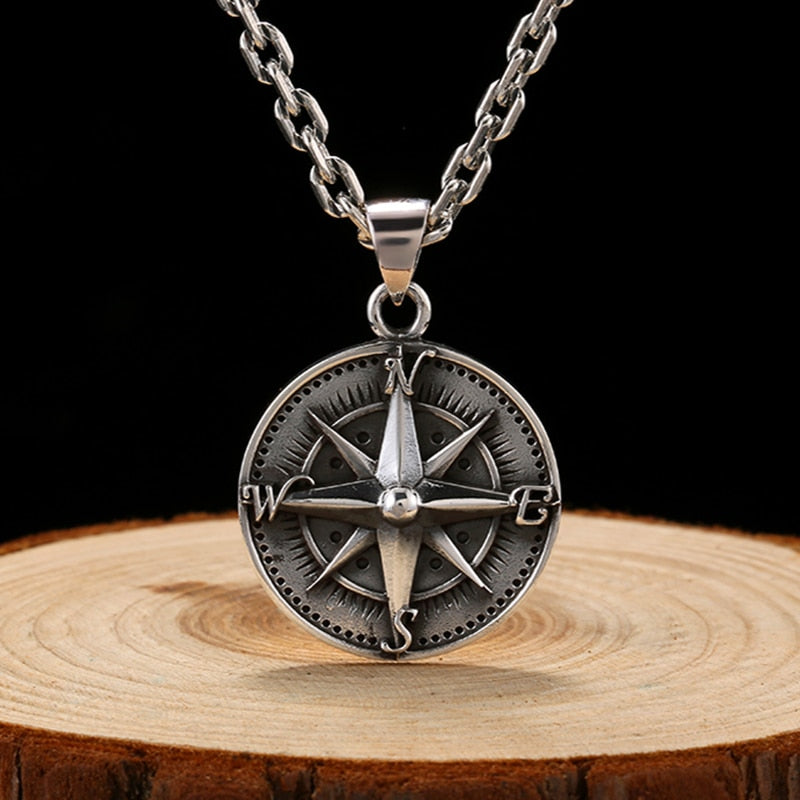 High Polished Round Compass 925 Sterling Silver Vintage Punk Rock Pendant-Gothic Necklaces-Innovato Design-19.69in-Innovato Design