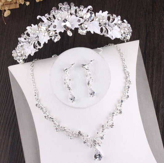 Baroque Crystal, Leaf and Pearl Tiara, Necklace & Earrings Wedding Pageant Jewelry Set-Jewelry Sets-Innovato Design-Silver-Innovato Design