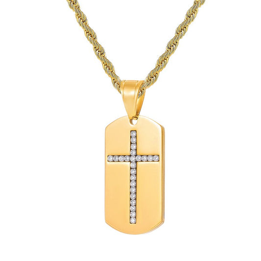 Rhinestone-Studded Dog Tag Cross Bling Stainless Steel Hip-hop Pendant Necklace-Necklaces-Innovato Design-Innovato Design