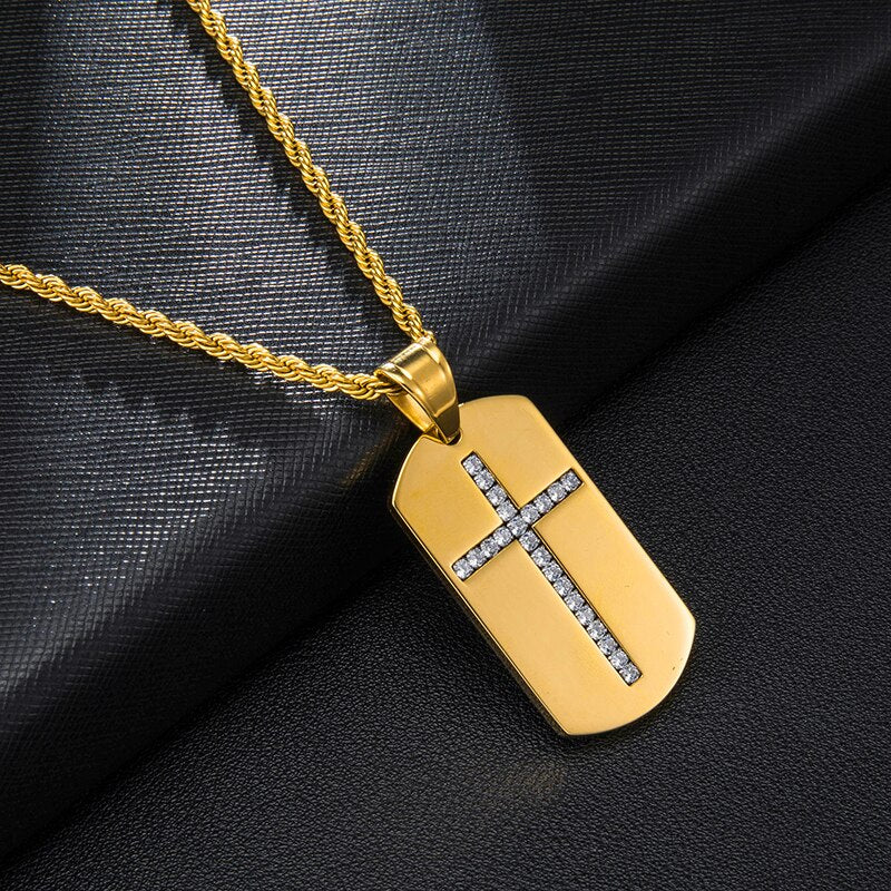 Rhinestone-Studded Dog Tag Cross Bling Stainless Steel Hip-hop Pendant Necklace-Necklaces-Innovato Design-Innovato Design