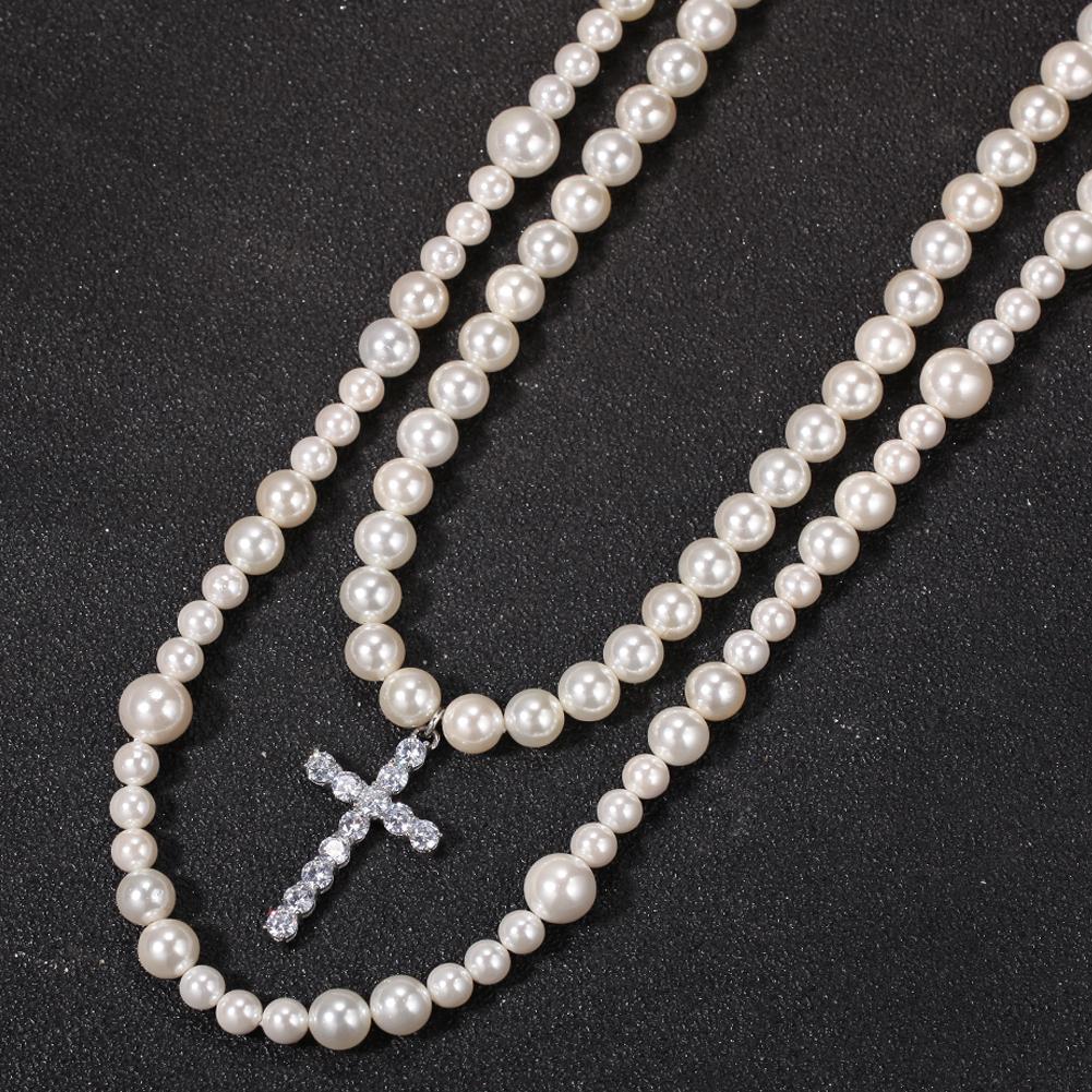 Long Pearl Necklace with Cubic Zirconia Cross Pendant-Necklaces-Innovato Design-18 inch-Innovato Design