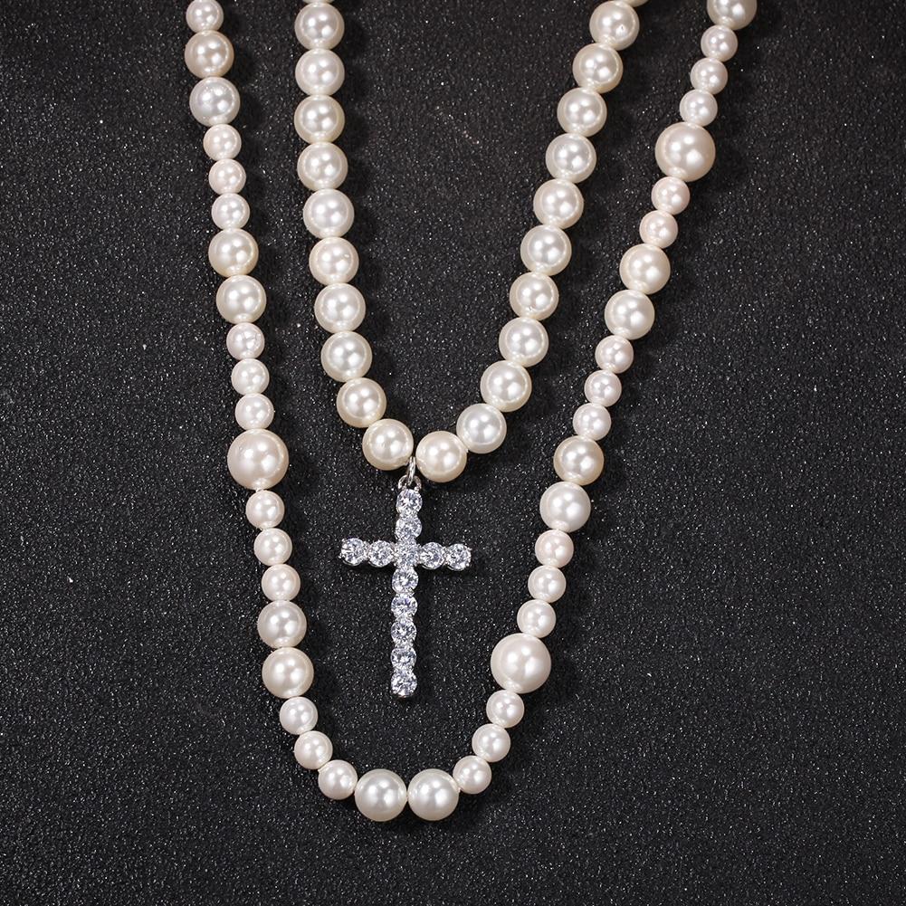 Long Pearl Necklace with Cubic Zirconia Cross Pendant-Necklaces-Innovato Design-18 inch-Innovato Design