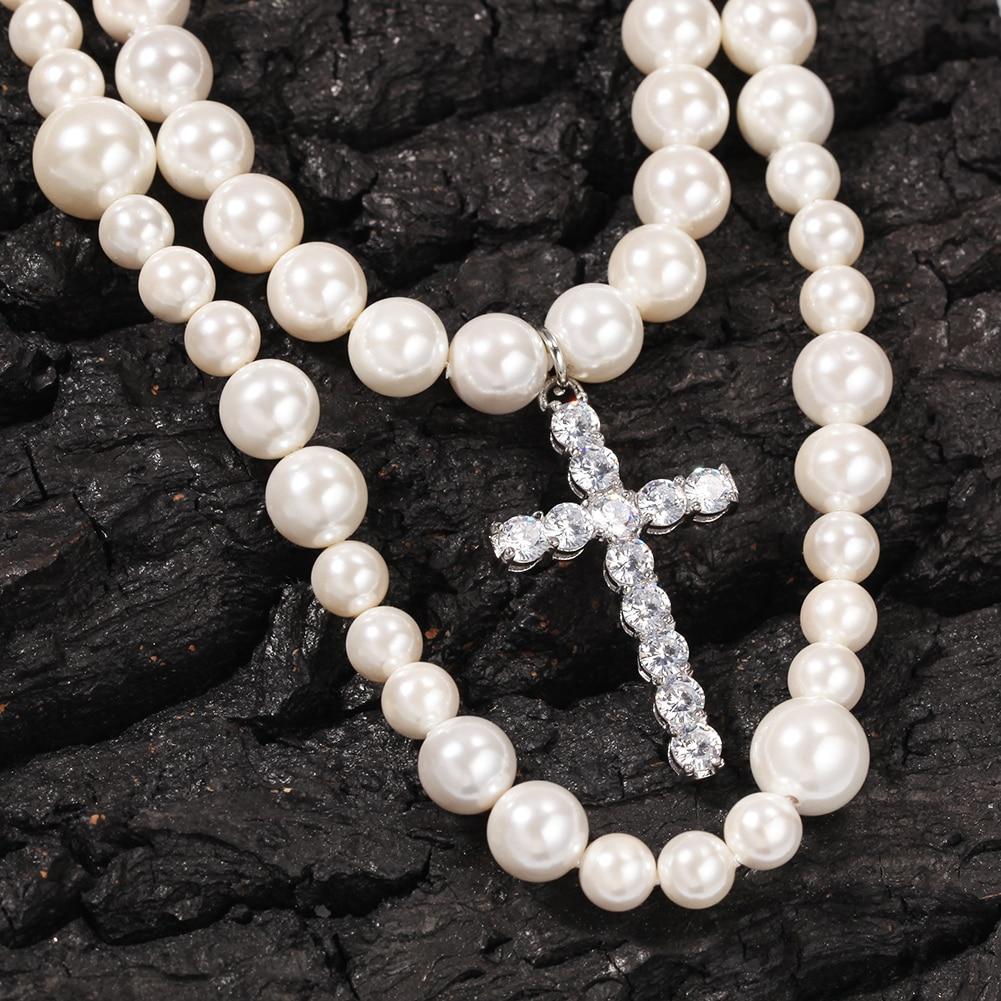 Long Pearl Necklace with Cubic Zirconia Cross Pendant-Necklaces-Innovato Design-18 inch-Innovato Design