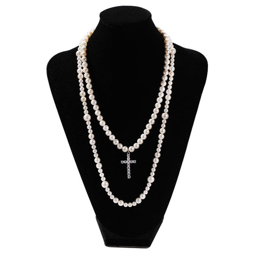 Long Pearl Necklace with Cubic Zirconia Cross Pendant-Necklaces-Innovato Design-18 inch-Innovato Design
