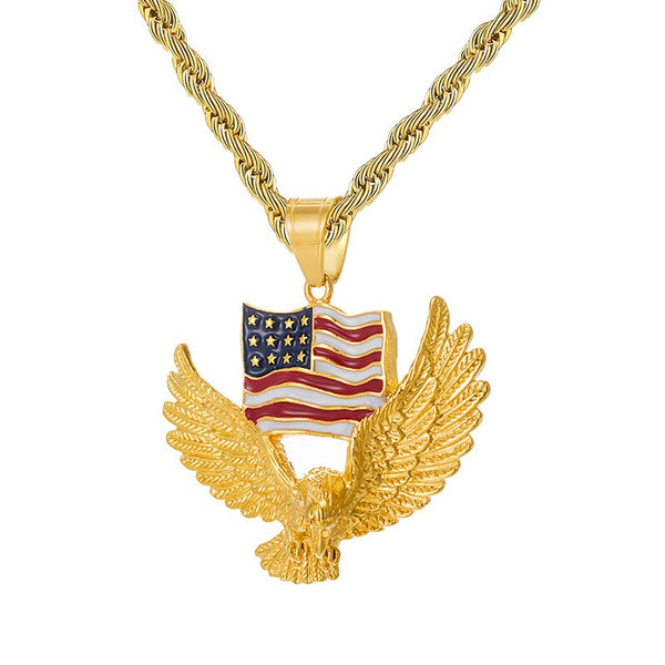 Paved Rhinestone-Studded American Flag and Eagle Bling Stainless Steel Hip-hop Pendant Necklace