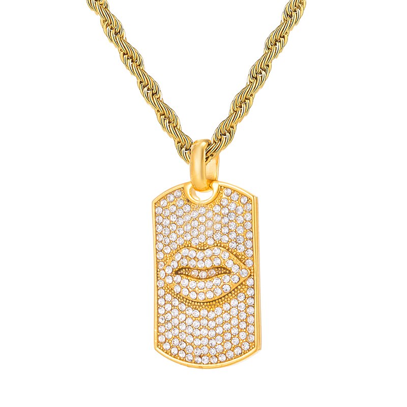 Paved Rhinestone Studded Lips Bling Rope Chain Stainless Steel Hip-hop Pendant Necklace-Necklaces-Innovato Design-Innovato Design