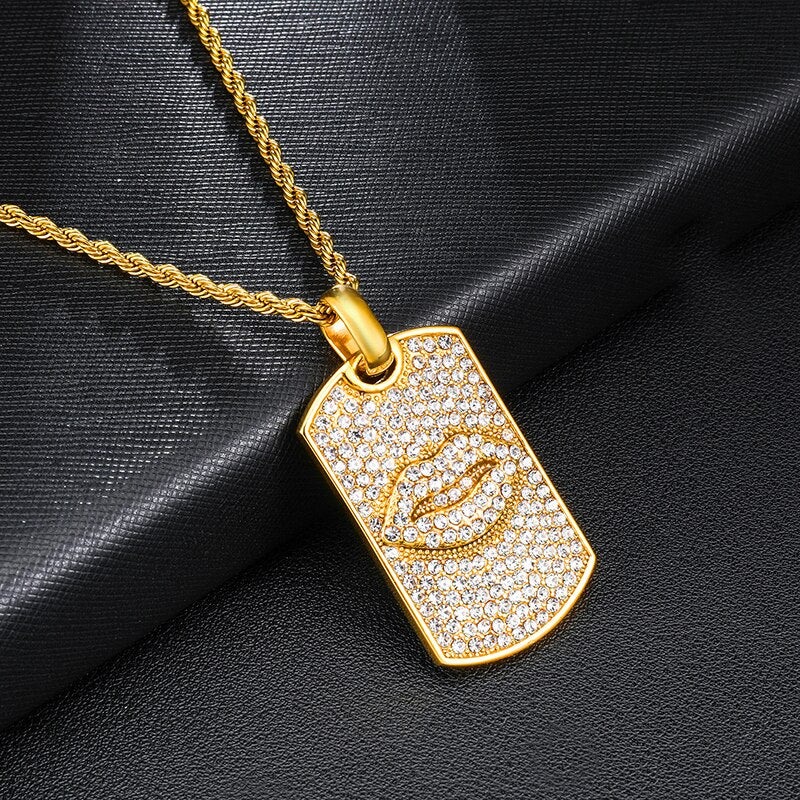 Paved Rhinestone Studded Lips Bling Rope Chain Stainless Steel Hip-hop Pendant Necklace-Necklaces-Innovato Design-Innovato Design