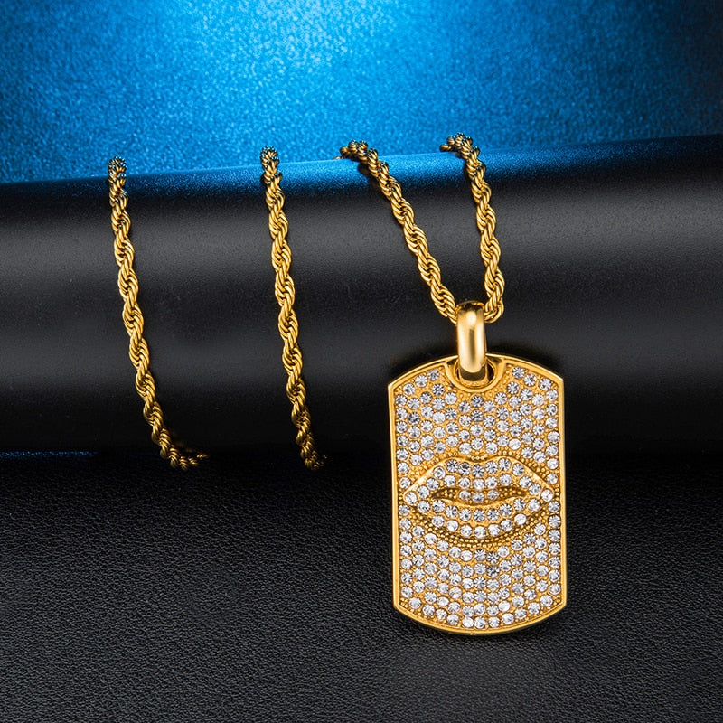 Paved Rhinestone Studded Lips Bling Rope Chain Stainless Steel Hip-hop Pendant Necklace-Necklaces-Innovato Design-Innovato Design
