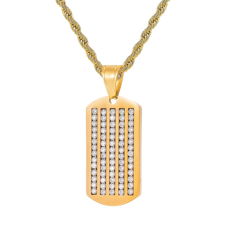 Micro-Paved Rhinestone-Studded Dog Tag Bling Rope Chain Stainless Steel Hip-hop Pendant Necklace-Necklaces-Innovato Design-Innovato Design