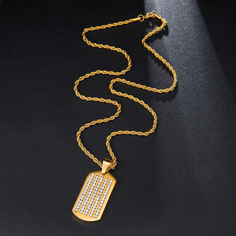 Micro-Paved Rhinestone-Studded Dog Tag Bling Rope Chain Stainless Steel Hip-hop Pendant Necklace-Necklaces-Innovato Design-Innovato Design