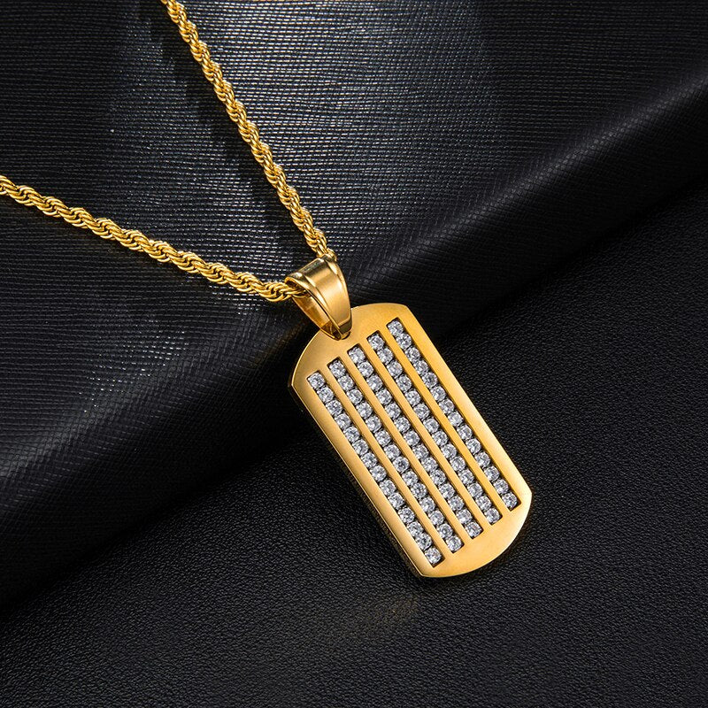 Micro-Paved Rhinestone-Studded Dog Tag Bling Rope Chain Stainless Steel Hip-hop Pendant Necklace-Necklaces-Innovato Design-Innovato Design