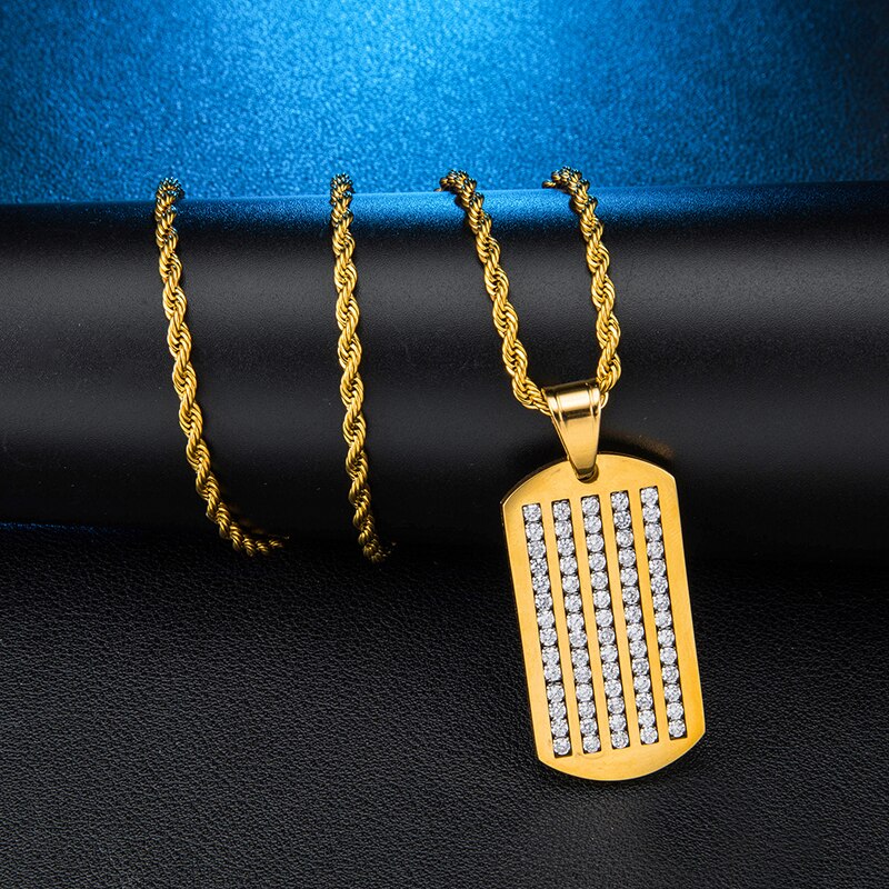 Micro-Paved Rhinestone-Studded Dog Tag Bling Rope Chain Stainless Steel Hip-hop Pendant Necklace-Necklaces-Innovato Design-Innovato Design