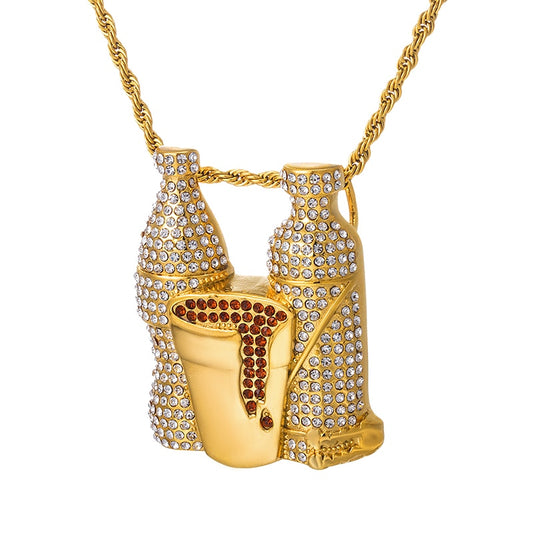 Multicolor Cubic-Zirconia-Studded Wine Bottles and Gold Cup Combo Stainless Steel Hip-hop Pendant Necklace-Necklaces-Innovato Design-Innovato Design