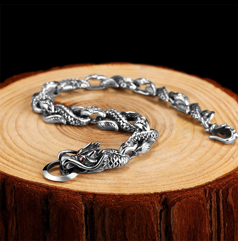 Silver Dragon Red and White Cubic Zirconia Stones 925 Sterling Silver Vintage Biker Bracelet-Bracelets-Innovato Design-6.30in-Innovato Design
