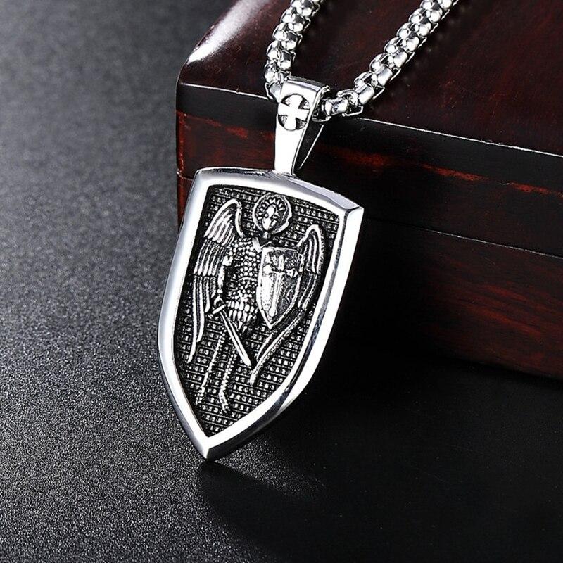 Rustic Silver Archangel Shield Pendant Chain Necklace-Necklaces-Innovato Design-Innovato Design