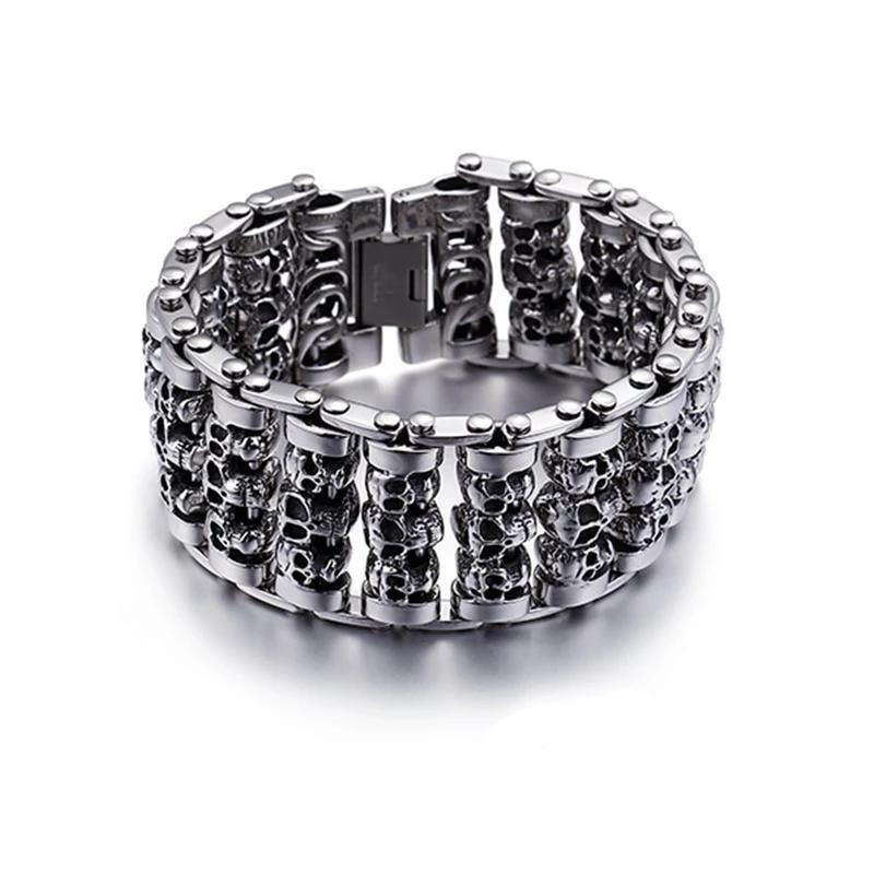 Men’s Stainless Steel Multiple Skull Charm Bracelet-Skull Bracelet-Innovato Design-Silver-8 inch-Innovato Design