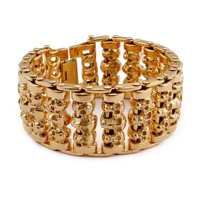 Men’s Stainless Steel Multiple Skull Charm Bracelet-Skull Bracelet-Innovato Design-Gold-8 inch-Innovato Design