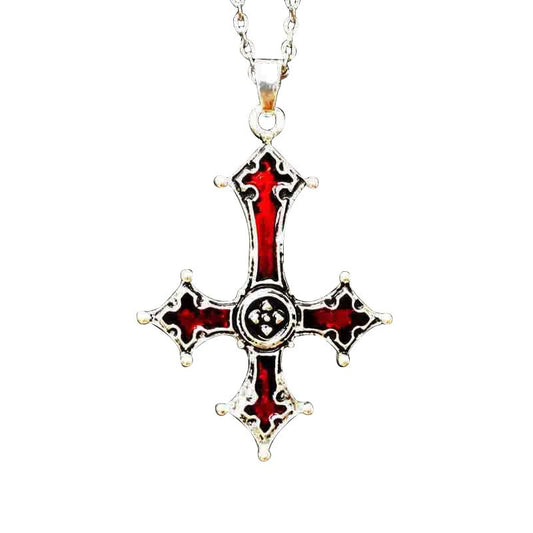 Inverted Silver Gothic Cross Pendant with Blood Red Inlay-Necklaces-Innovato Design-Innovato Design