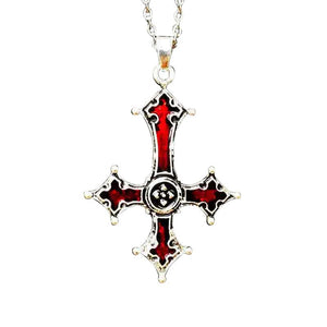 Inverted Silver Gothic Cross Pendant with Blood Red Inlay-Necklaces-Innovato Design-Innovato Design