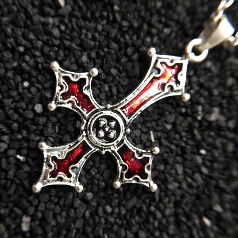 Inverted Silver Gothic Cross Pendant with Blood Red Inlay-Necklaces-Innovato Design-Innovato Design