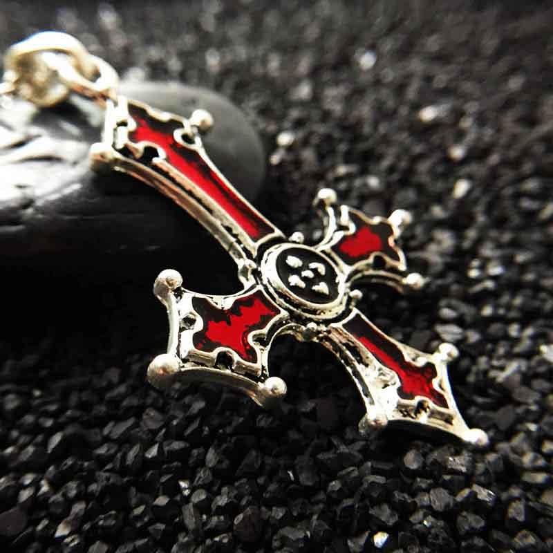 Inverted Silver Gothic Cross Pendant with Blood Red Inlay-Necklaces-Innovato Design-Innovato Design