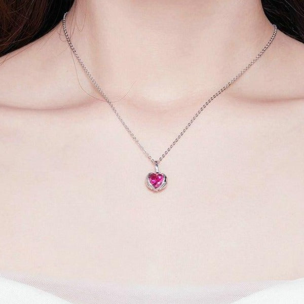 Big Red Guardian Heart Cubic Zirconia 925 Sterling Silver Pendant Necklace-Necklaces-Innovato Design-Innovato Design